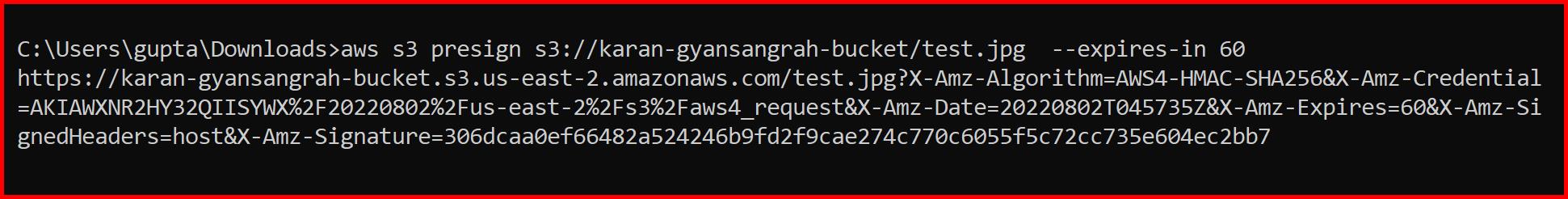 Picture showing generating the Presigned URL using CLI